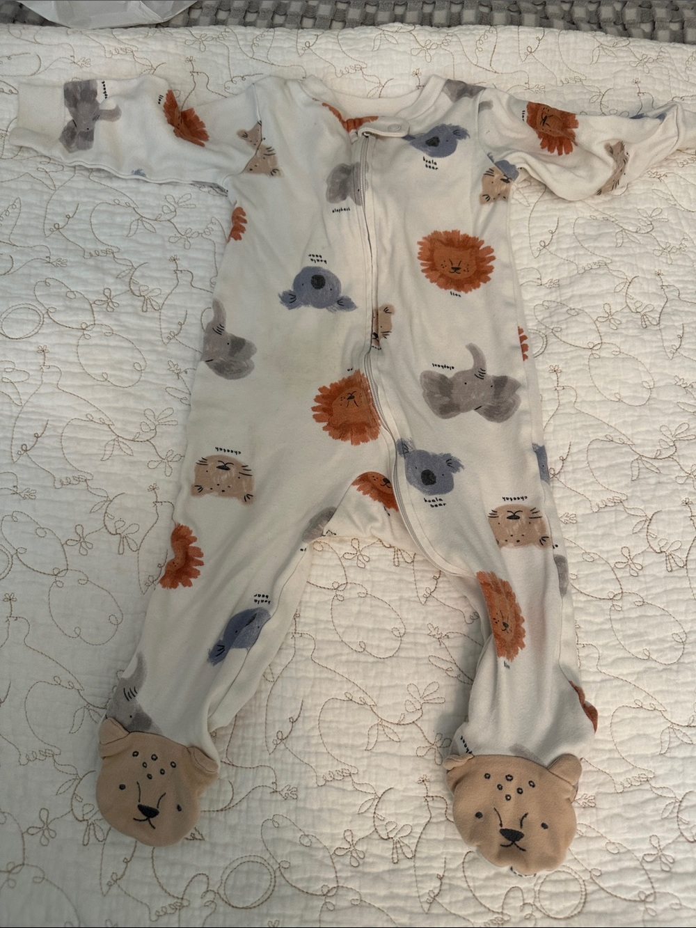 Carter's White Footed One-Piece with Orange Lion, Gray Elephant and Blue Koala